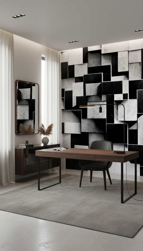 Papier Peint Géométrique Tridimensionnel Noir et Blanc Moderne - Bureau