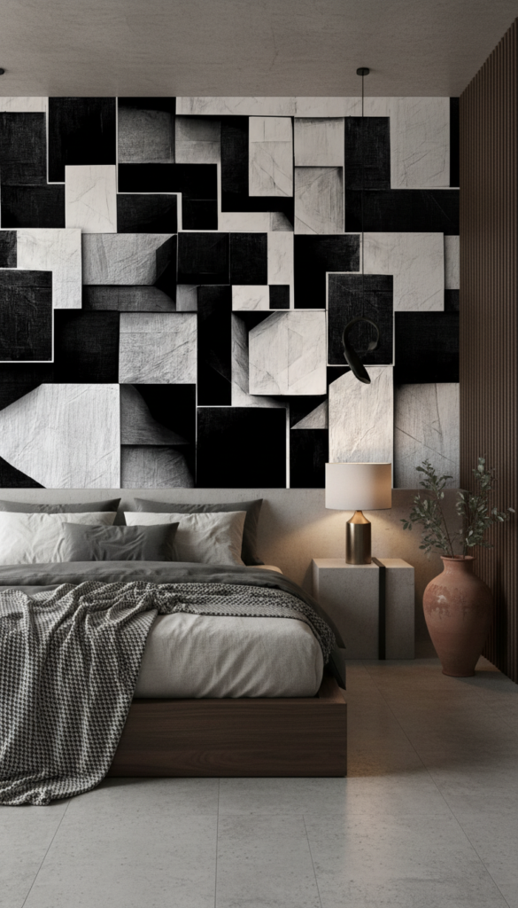 Papier Peint Géométrique Tridimensionnel Noir et Blanc Moderne - Chambre adulte