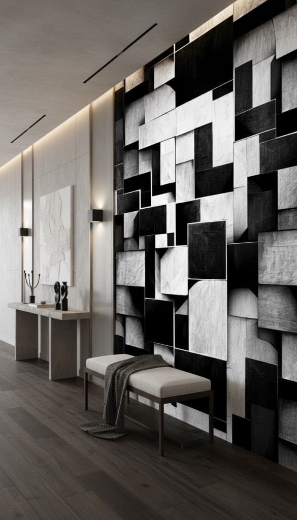 Papier Peint Géométrique Tridimensionnel Noir et Blanc Moderne - Couloir