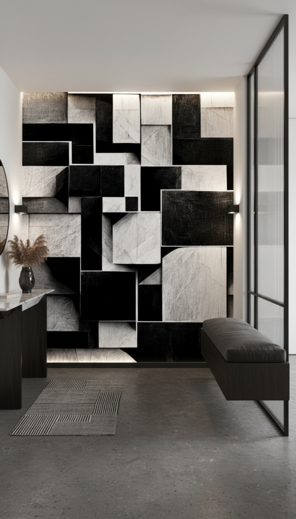 Papier Peint Géométrique Tridimensionnel Noir et Blanc Moderne - Entrée