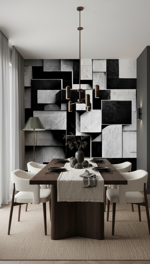 Papier Peint Géométrique Tridimensionnel Noir et Blanc Moderne - Salle à manger