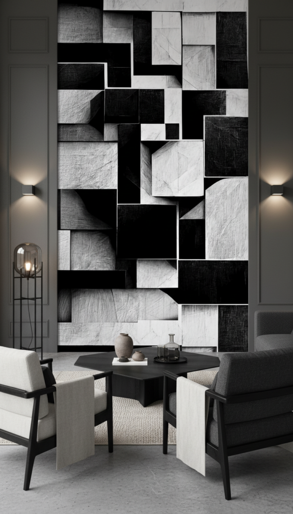 Papier Peint Géométrique Tridimensionnel Noir et Blanc Moderne - Salon / Séjour