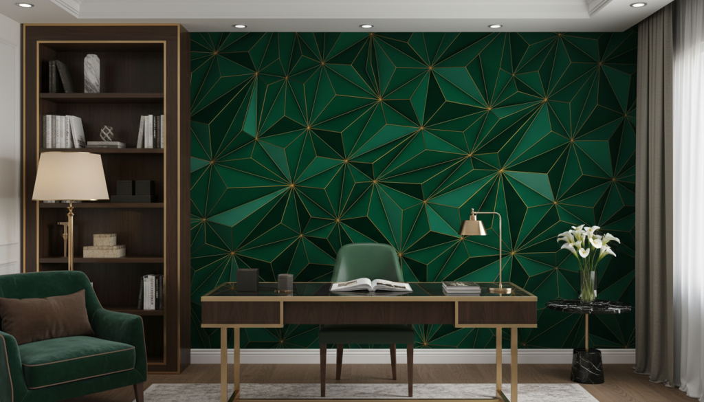 Papier Peint Géométrique Vert Émeraude Motifs Polygonaux Dorés Art Déco - Bureau