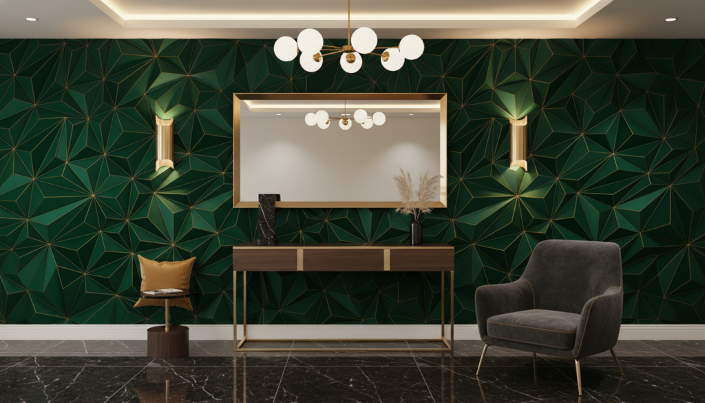 Papier Peint Géométrique Vert Émeraude Motifs Polygonaux Dorés Art Déco - Entrée