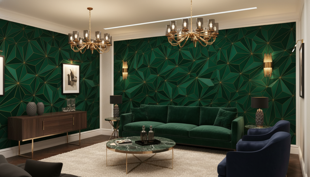 Papier Peint Géométrique Vert Émeraude Motifs Polygonaux Dorés Art Déco - Hôtel
