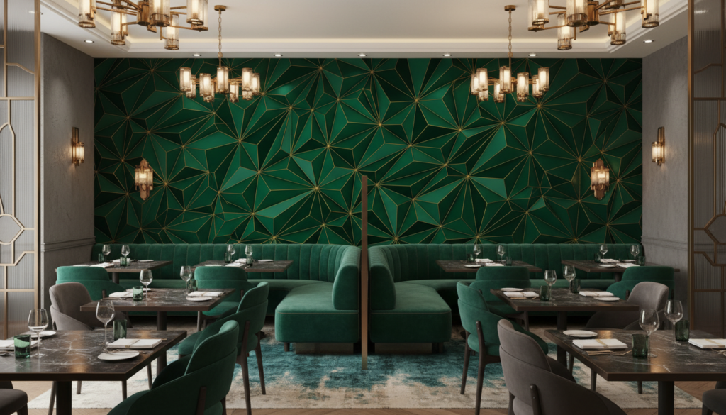 Papier Peint Géométrique Vert Émeraude Motifs Polygonaux Dorés Art Déco - Restaurant