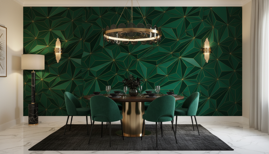 Papier Peint Géométrique Vert Émeraude Motifs Polygonaux Dorés Art Déco - Salle à manger