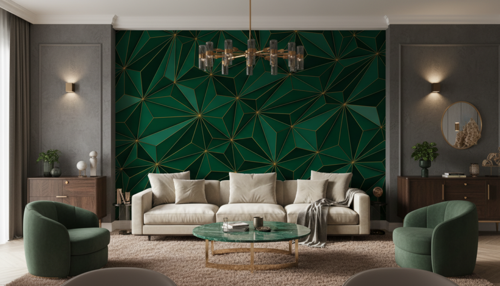 Papier Peint Géométrique Vert Émeraude Motifs Polygonaux Dorés Art Déco - Salon / Séjour