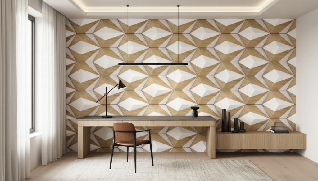 Papier peint géométrique 3D étoiles bois et blanc moderne - Bureau