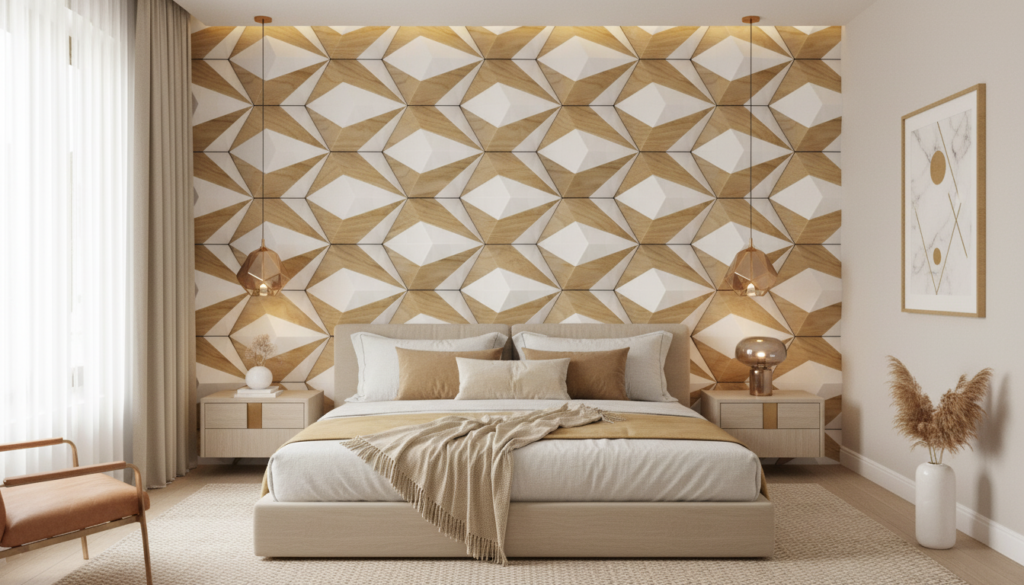 Papier peint géométrique 3D étoiles bois et blanc moderne - Chambre adulte