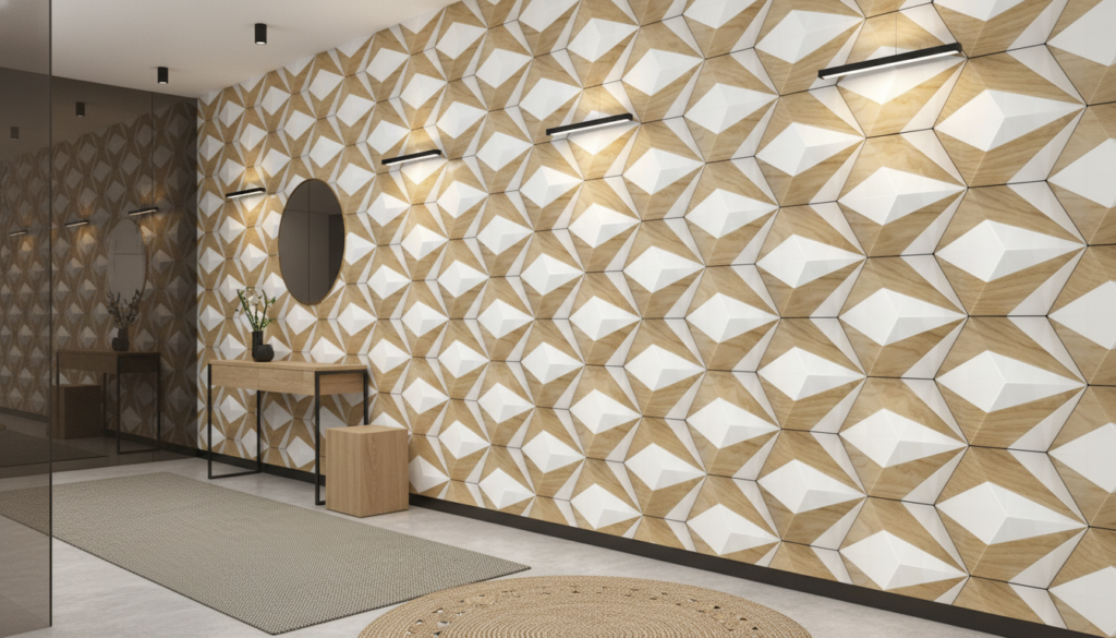 Papier peint géométrique 3D étoiles bois et blanc moderne - Couloir