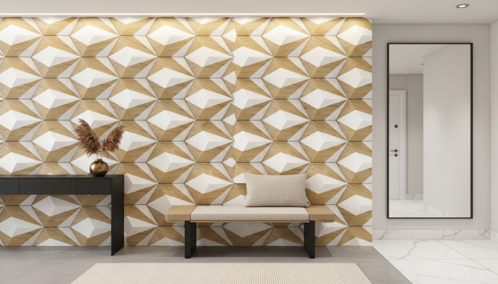 Papier peint géométrique 3D étoiles bois et blanc moderne - Entrée