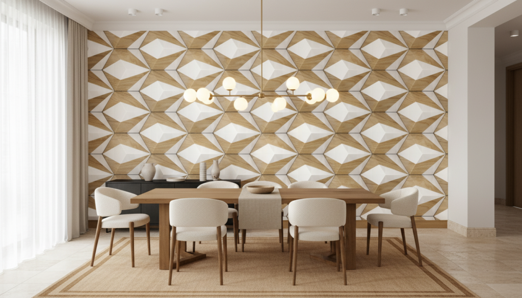 Papier peint géométrique 3D étoiles bois et blanc moderne - Salle à manger