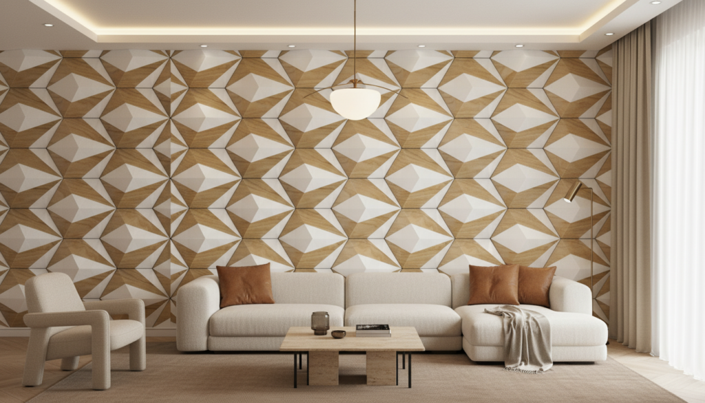 Papier peint géométrique 3D étoiles bois et blanc moderne - Salon / Séjour