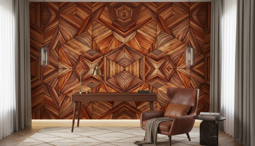 Papier peint géométrique parquet bois motifs 3D chevrons - Bureau