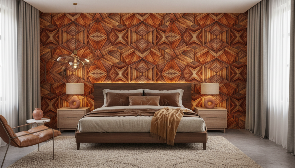 Papier peint géométrique parquet bois motifs 3D chevrons - Chambre adulte