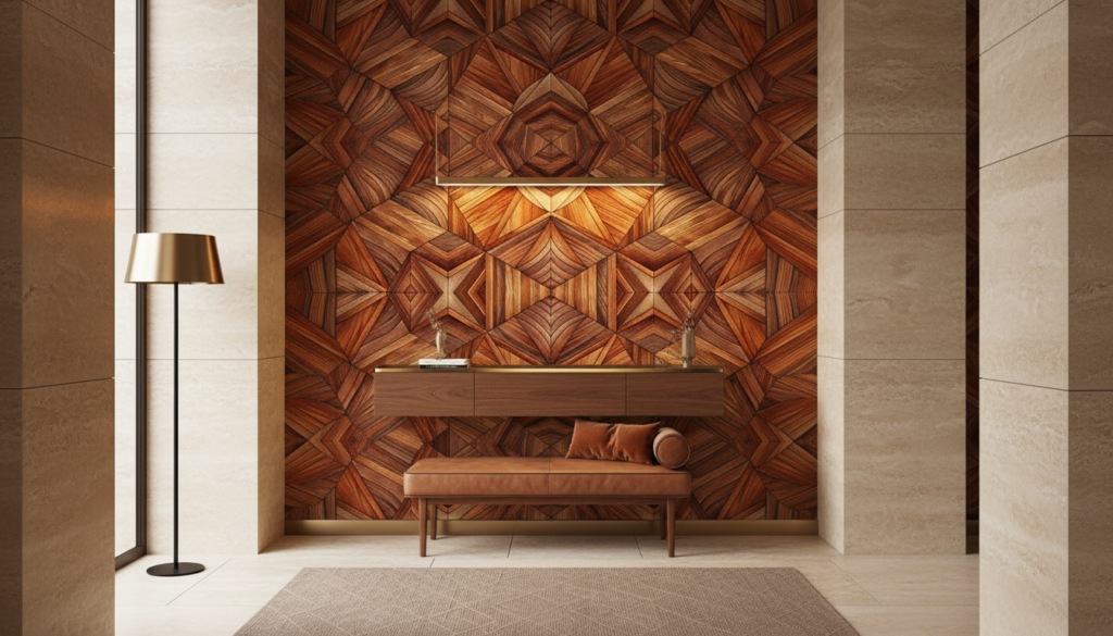 Papier peint géométrique parquet bois motifs 3D chevrons - Entrée