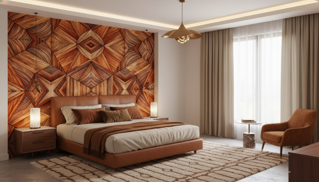 Papier peint géométrique parquet bois motifs 3D chevrons - Hôtel