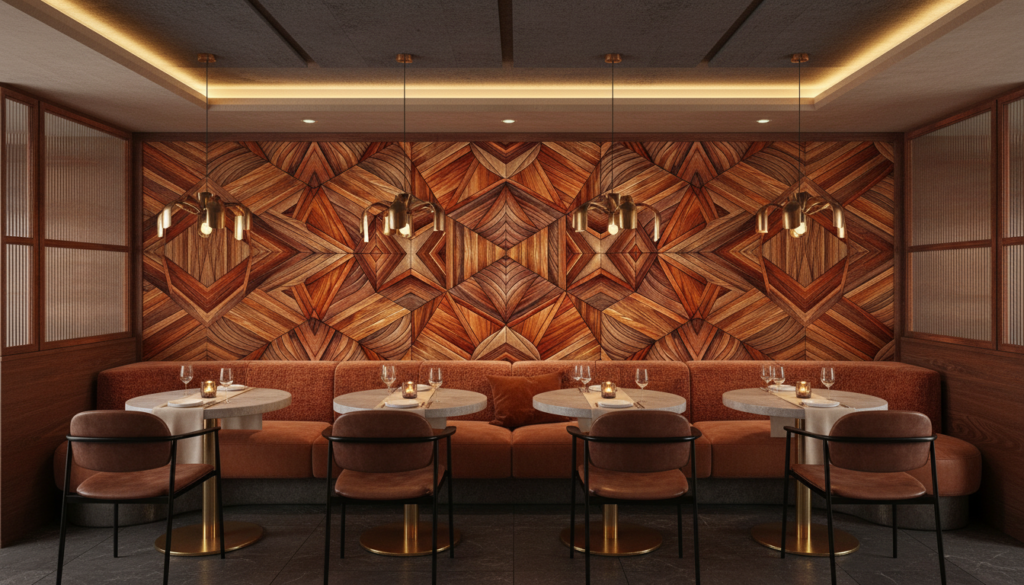 Papier peint géométrique parquet bois motifs 3D chevrons - Restaurant