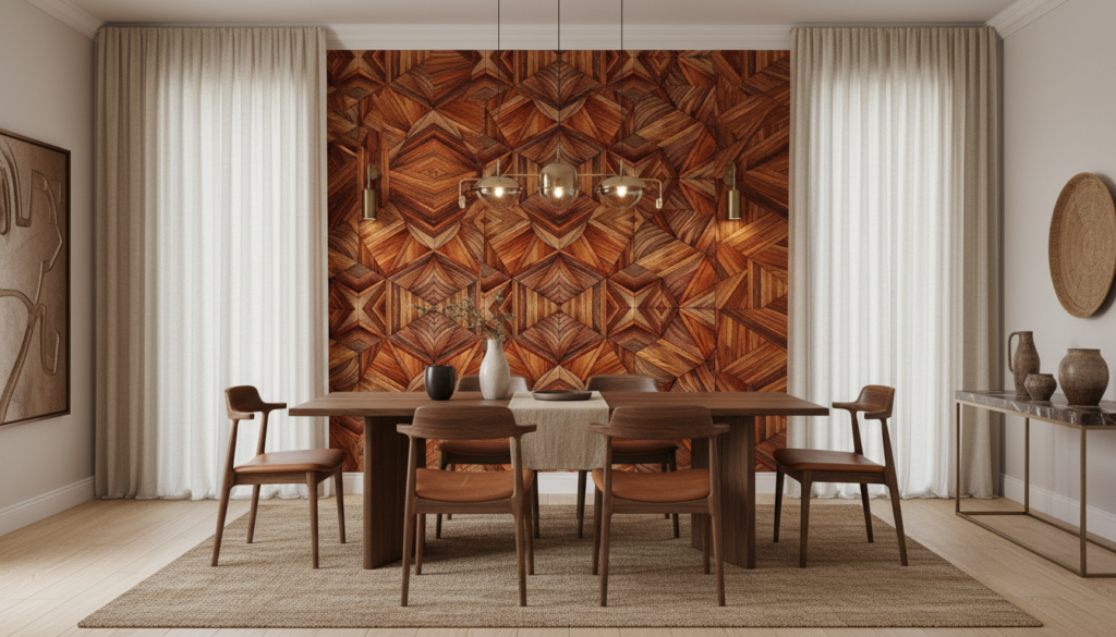 Papier peint géométrique parquet bois motifs 3D chevrons - Salle à manger