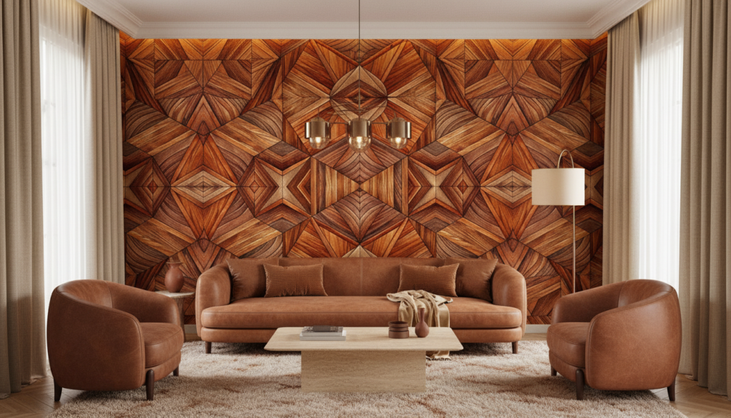 Papier peint géométrique parquet bois motifs 3D chevrons - Salon / Séjour