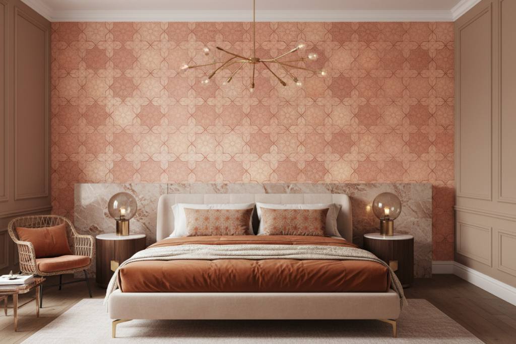 Papier Peint Géométrique Rose Cuivré Motifs Étoiles Art Déco Vintage - Chambre adulte