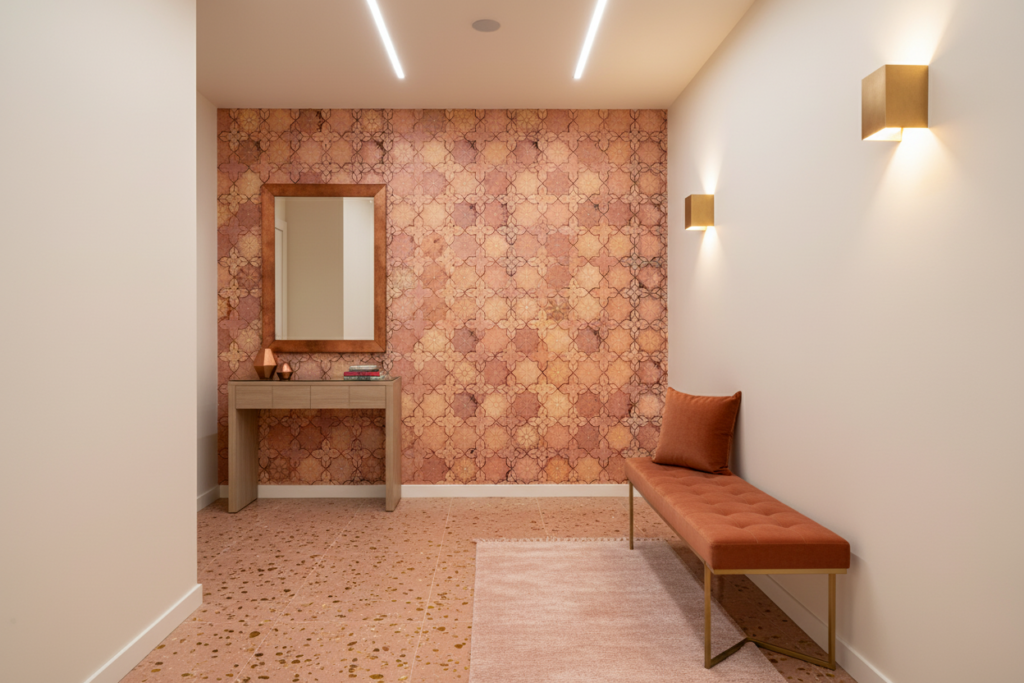 Papier Peint Géométrique Rose Cuivré Motifs Étoiles Art Déco Vintage - Couloir