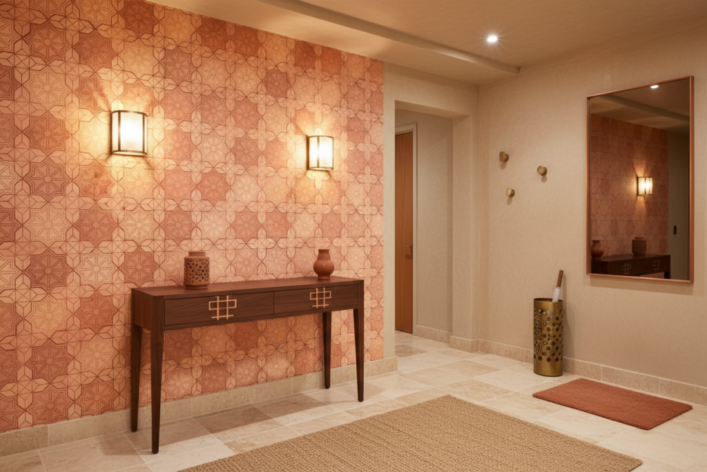 Papier Peint Géométrique Rose Cuivré Motifs Étoiles Art Déco Vintage - Entrée