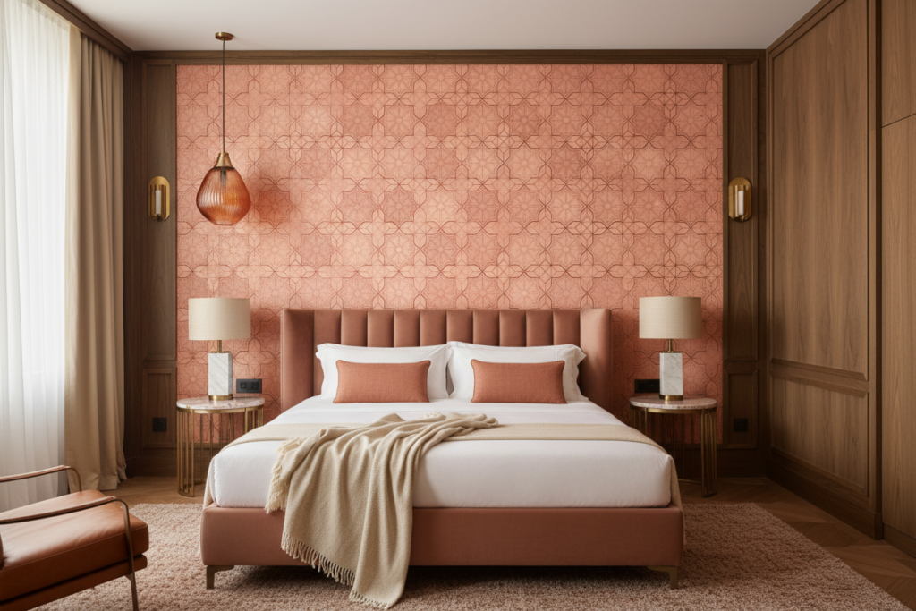 Papier Peint Géométrique Rose Cuivré Motifs Étoiles Art Déco Vintage - Hôtel