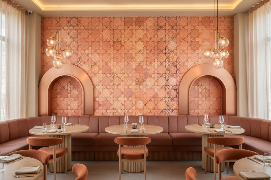 Papier Peint Géométrique Rose Cuivré Motifs Étoiles Art Déco Vintage - Restaurant