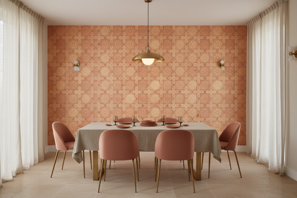 Papier Peint Géométrique Rose Cuivré Motifs Étoiles Art Déco Vintage - Salle à manger