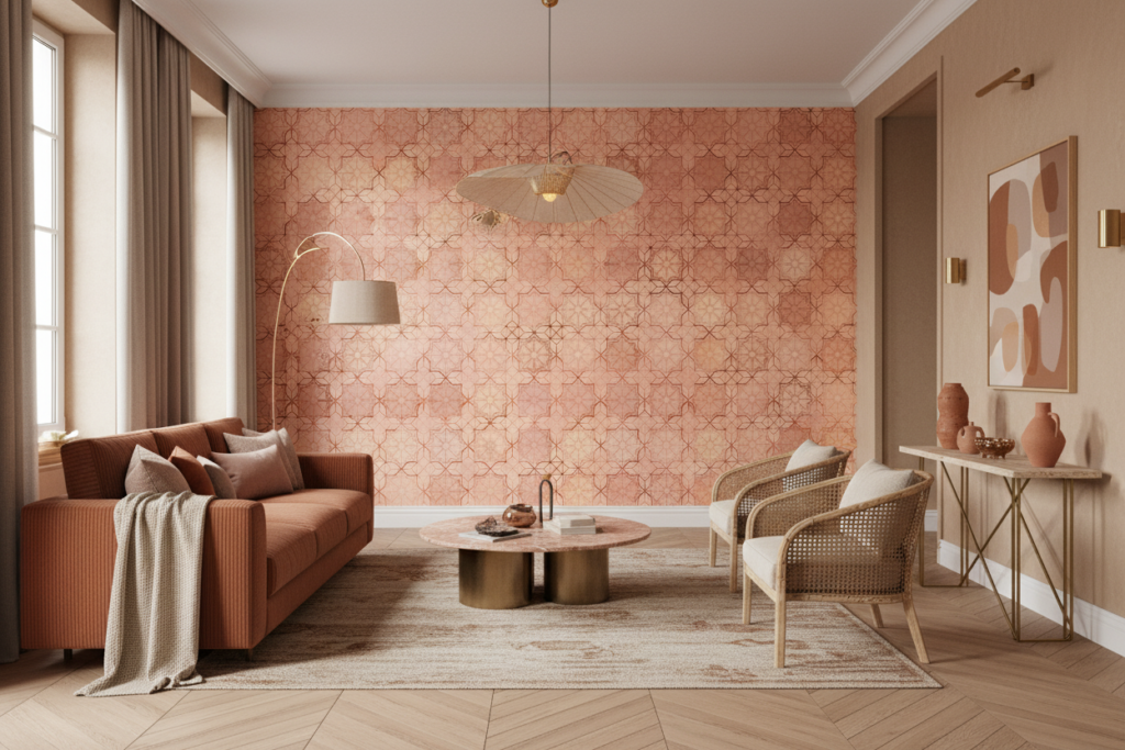 Papier Peint Géométrique Rose Cuivré Motifs Étoiles Art Déco Vintage - Salon / Séjour