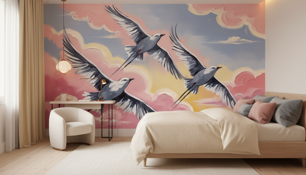 Papier Peint Grues Volantes Coucher de Soleil Nuages Roses - Chambre ado