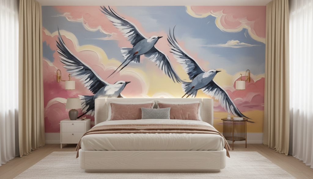 Papier Peint Grues Volantes Coucher de Soleil Nuages Roses - Chambre adulte