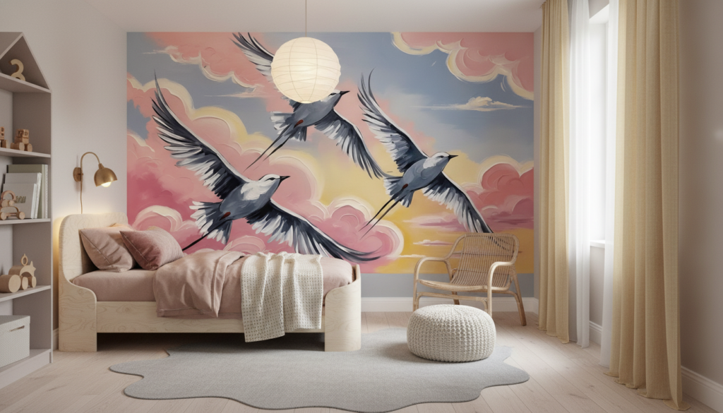 Papier Peint Grues Volantes Coucher de Soleil Nuages Roses - Chambre enfant