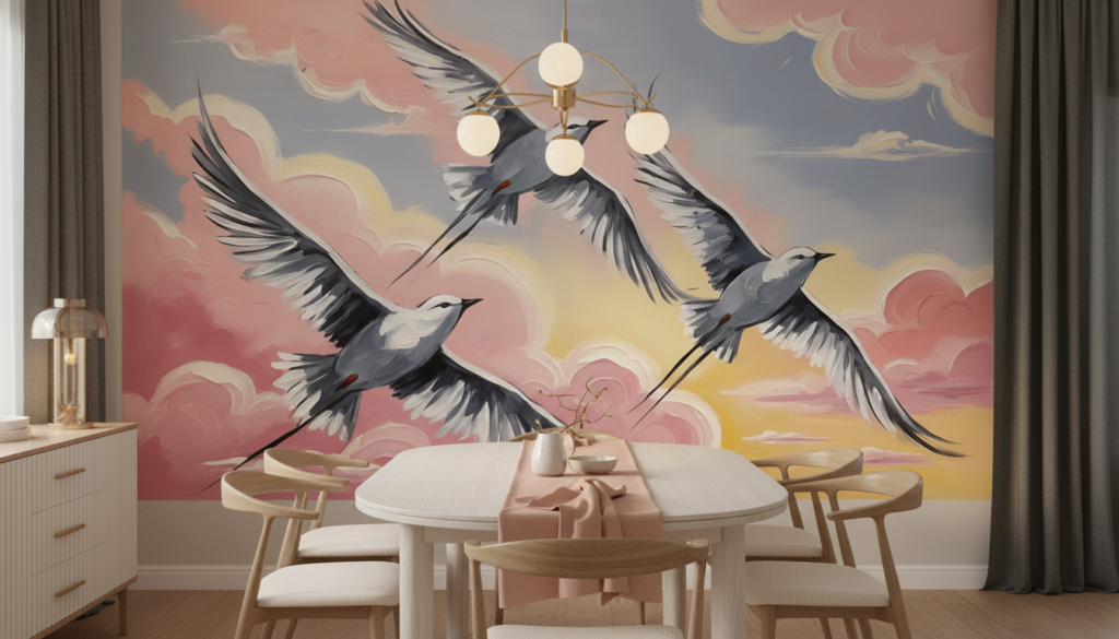 Papier Peint Grues Volantes Coucher de Soleil Nuages Roses - Salle à manger
