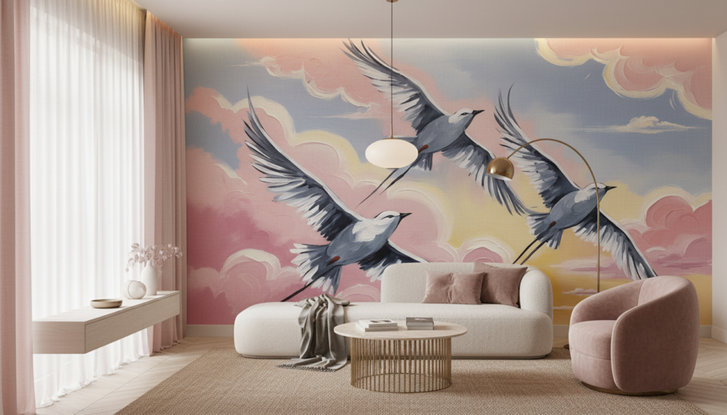 Papier Peint Grues Volantes Coucher de Soleil Nuages Roses - Salon / Séjour