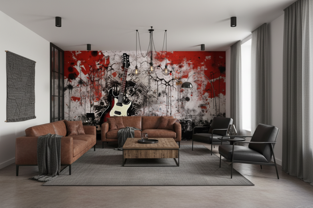 Papier Peint Guitar Rock Grunge Effet Mur Urbain Dégradé - Salon / Séjour