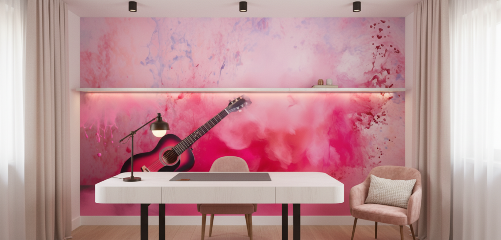 Papier Peint Guitare Acoustique sur Fond Aquarelle Rose Artistique - Bureau