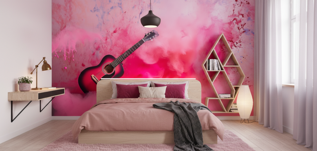 Papier Peint Guitare Acoustique sur Fond Aquarelle Rose Artistique - Chambre ado