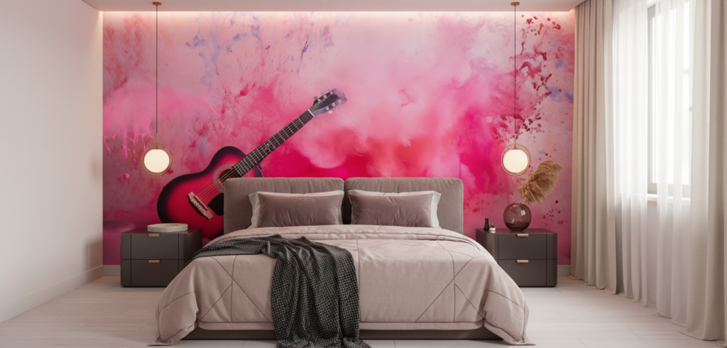 Papier Peint Guitare Acoustique sur Fond Aquarelle Rose Artistique - Chambre adulte