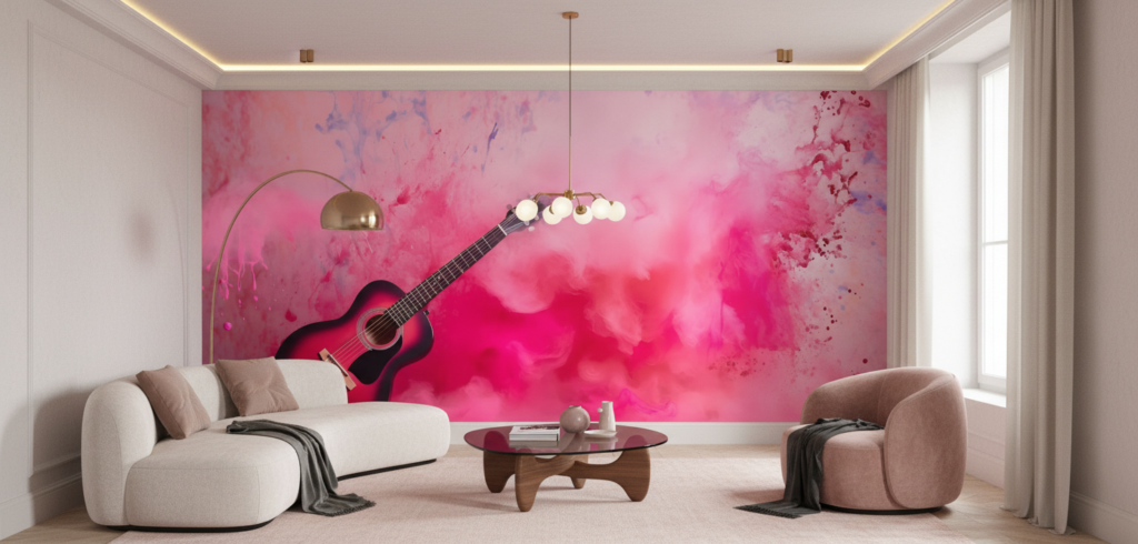 Papier Peint Guitare Acoustique sur Fond Aquarelle Rose Artistique - Salon / Séjour