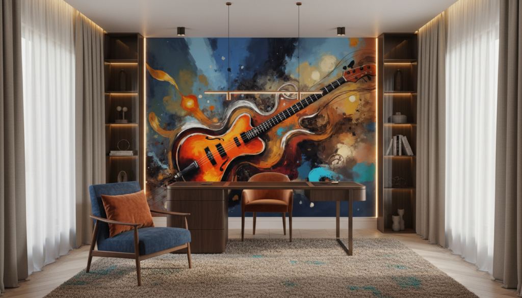 Papier Peint Guitare Basse Artistique Explosion de Couleurs Musicales - Bureau