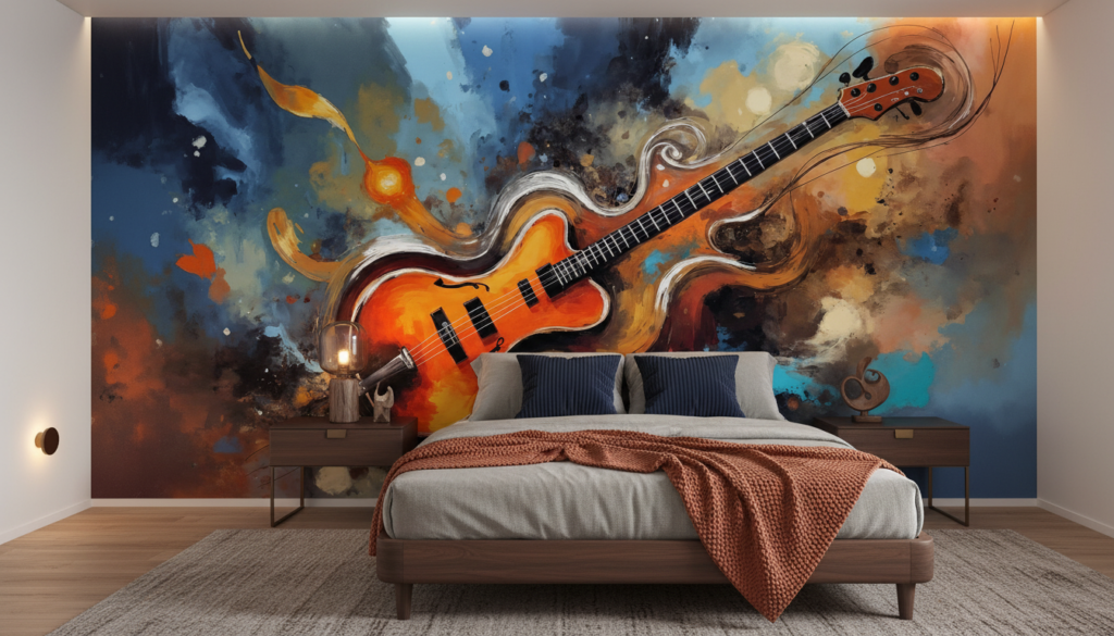 Papier Peint Guitare Basse Artistique Explosion de Couleurs Musicales - Chambre adulte