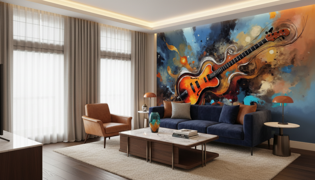 Papier Peint Guitare Basse Artistique Explosion de Couleurs Musicales - Hôtel