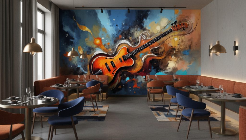 Papier Peint Guitare Basse Artistique Explosion de Couleurs Musicales - Restaurant