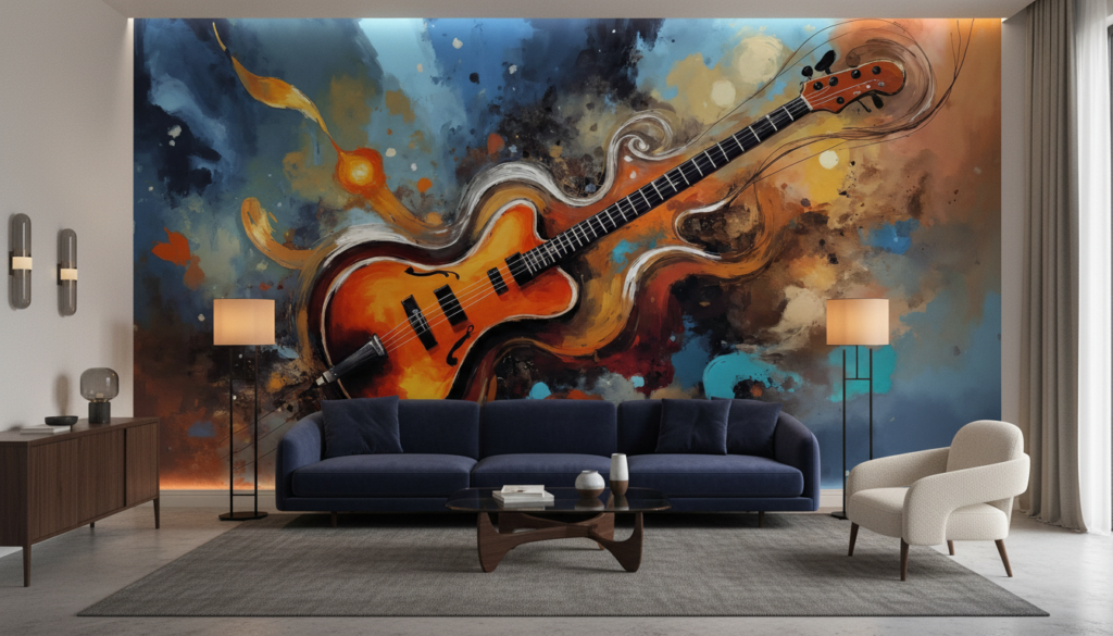 Papier Peint Guitare Basse Artistique Explosion de Couleurs Musicales - Salon / Séjour