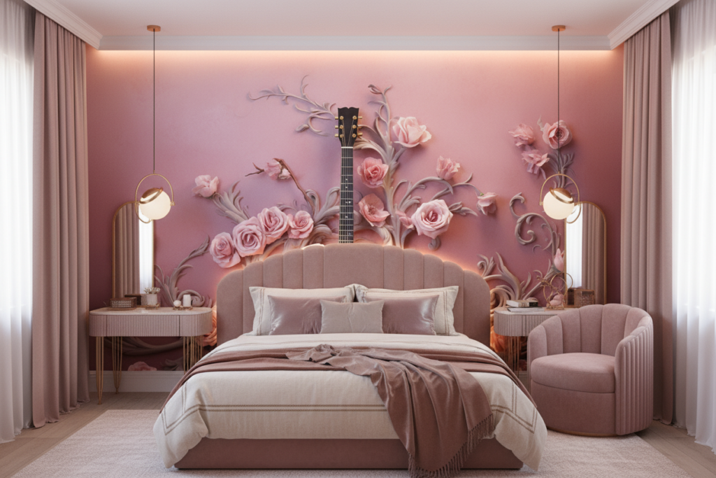 Papier peint guitare blanche et roses sur fond dégradé rose - Chambre ado