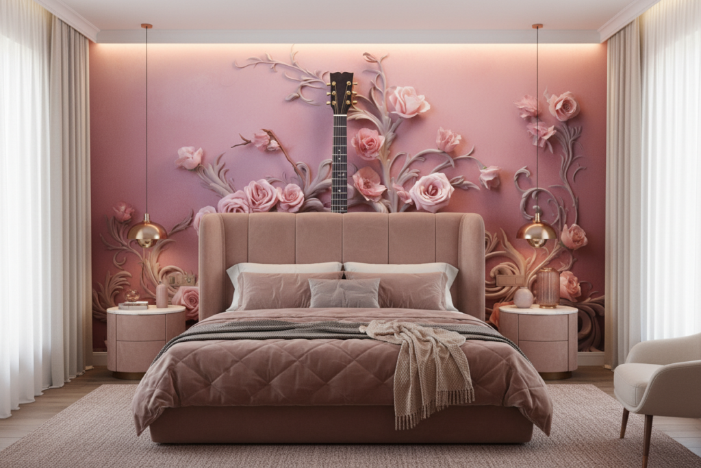 Papier peint guitare blanche et roses sur fond dégradé rose - Chambre adulte