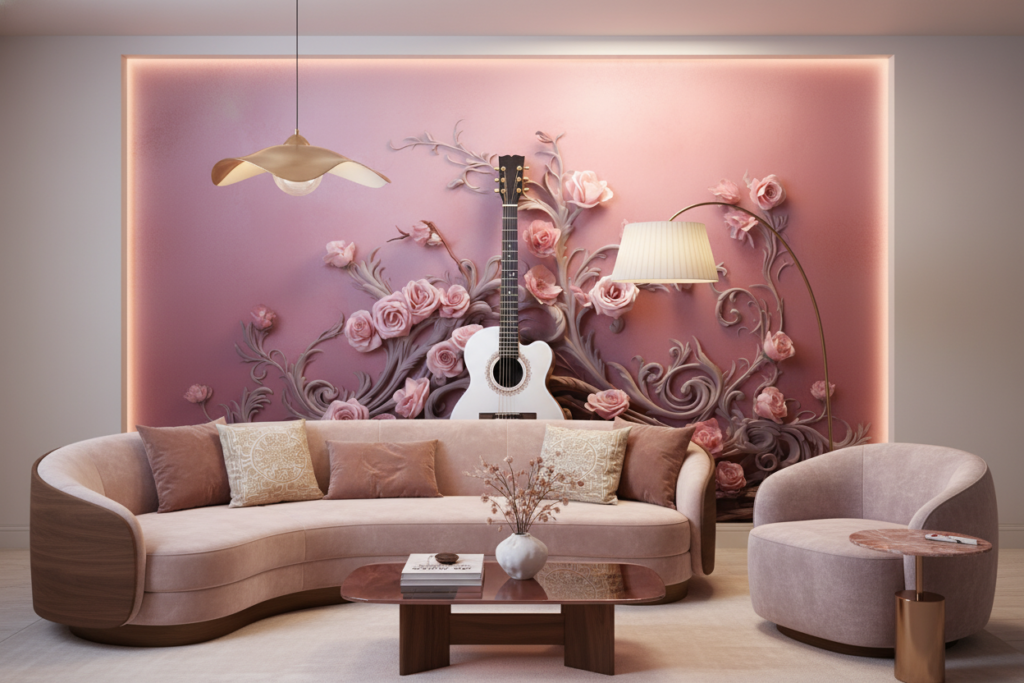 Papier peint guitare blanche et roses sur fond dégradé rose - Salon / Séjour